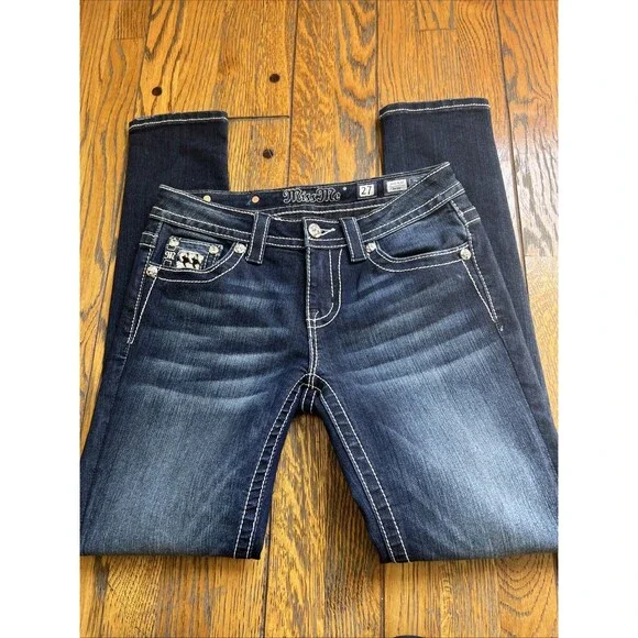 EUC Miss Me Mid-Rise Skinny Embellished Flap Pockets SZ 27x31 Jeans Dark Wash - Picture 3 of 8